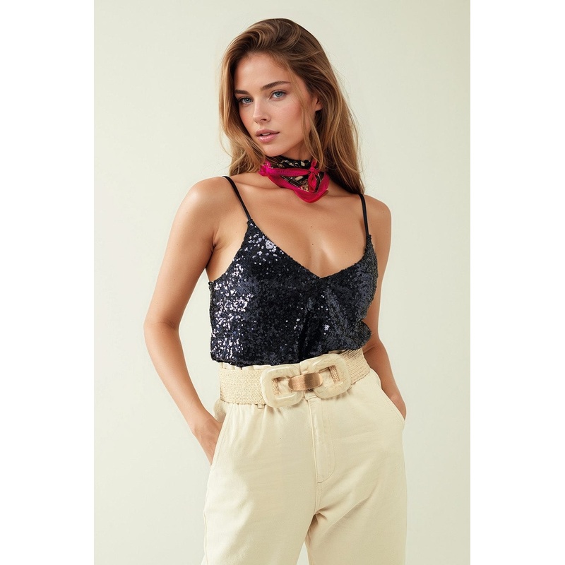 Spaguetti Strap Top With Deep V-Neckline In Navy Sequins