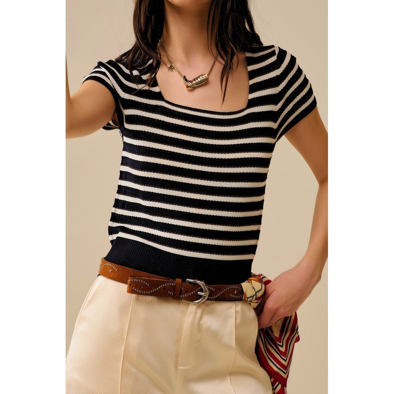 Square Neck Stripped Sweater In White And Black