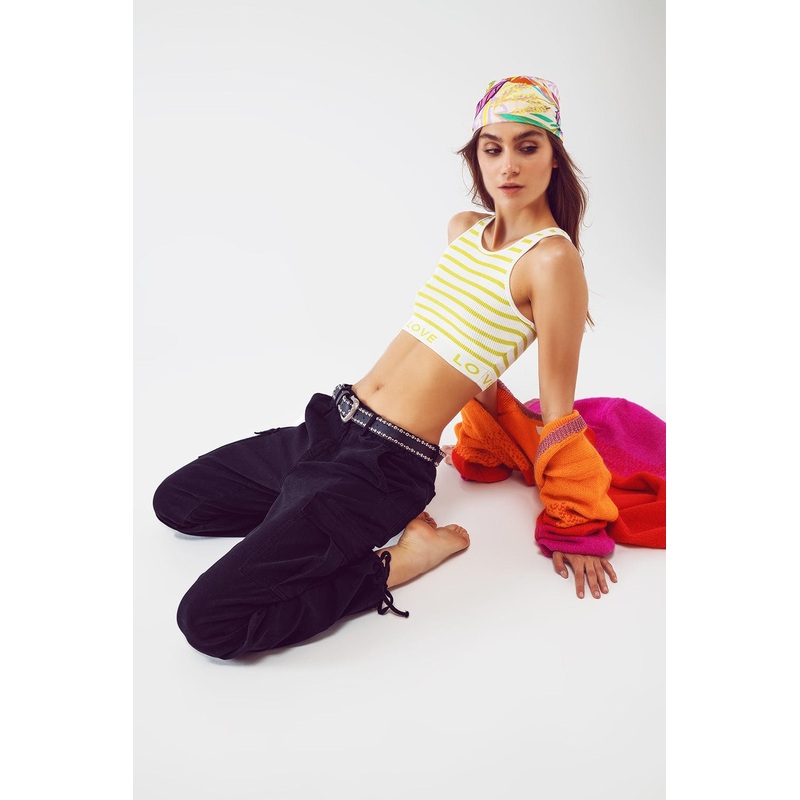 Striped Cropped Top With Love Text In Lime Green