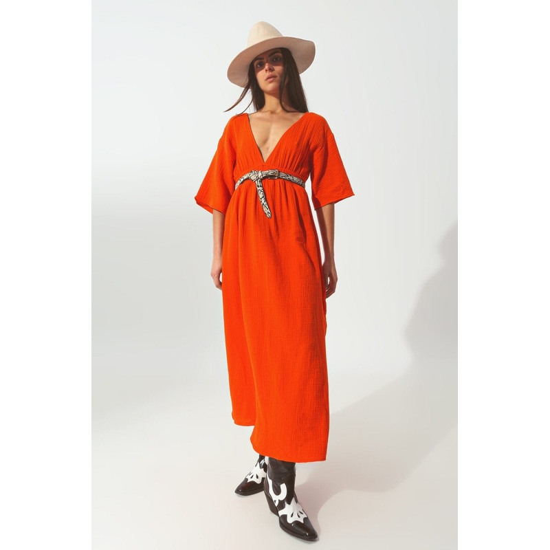 Textured V-Neck Maxi Dress In Orange