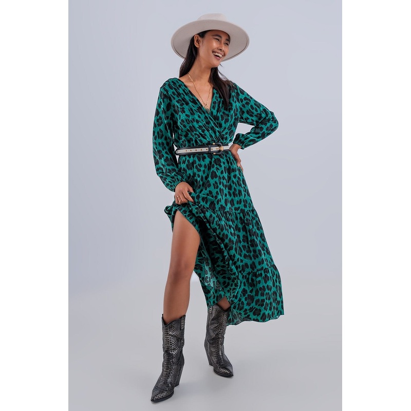 Tiered Maxi Wrap Dress With Long Sleeve In Green