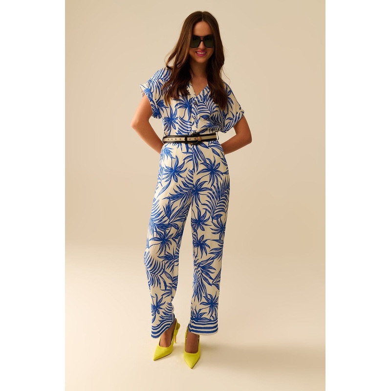 Tropical Motif Short Sleeve Jumpsuit In Blue And White