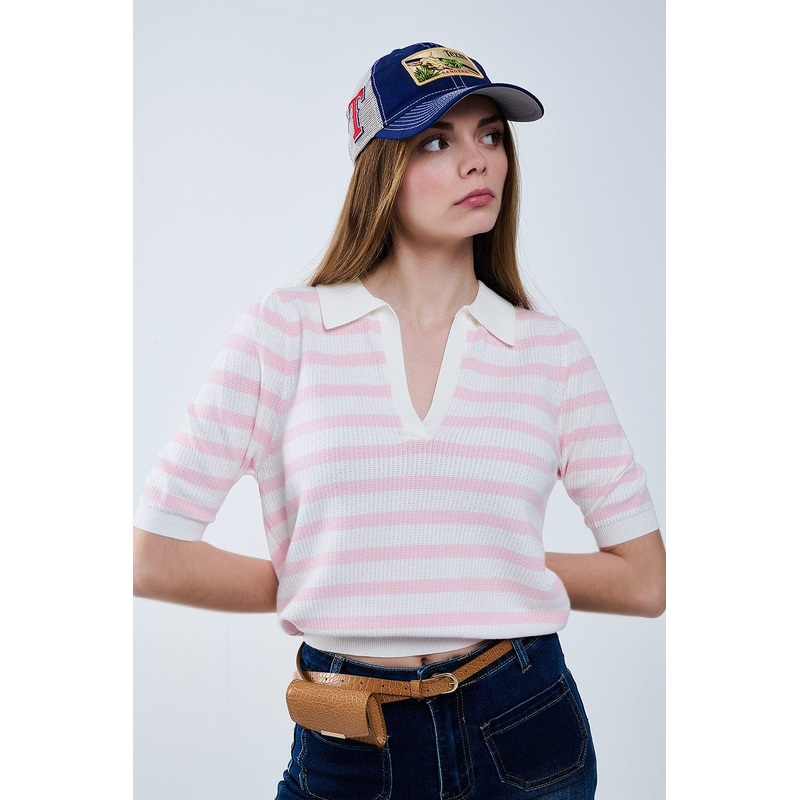 White Crop Knitted Polo Top With Pink Stripes