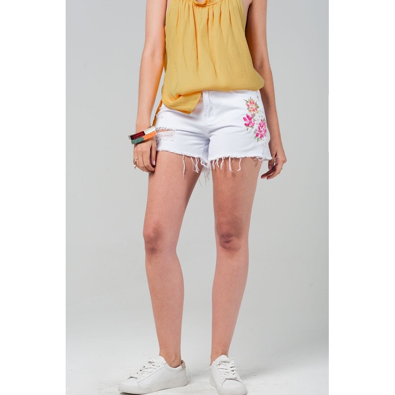 White Denim Shorts With Embroidered Flowers