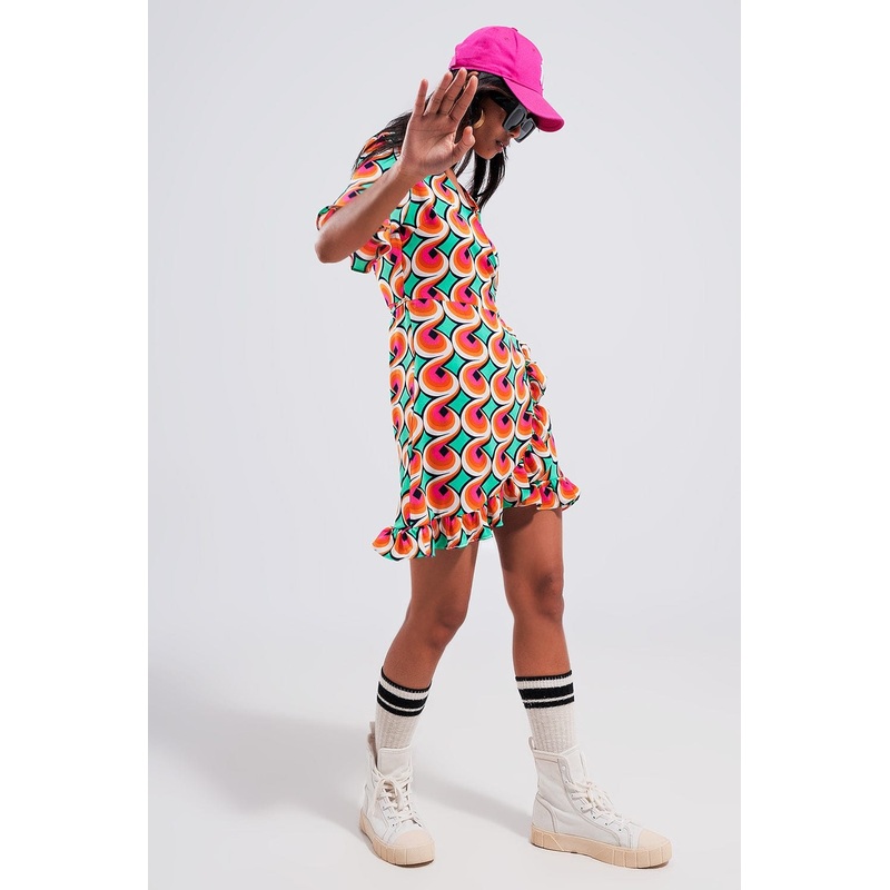Wrap Ruffle Hem Mini Dress In 70S Orange Print
