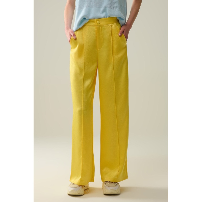 Yellow Wide Leg Pants In Textured Satin