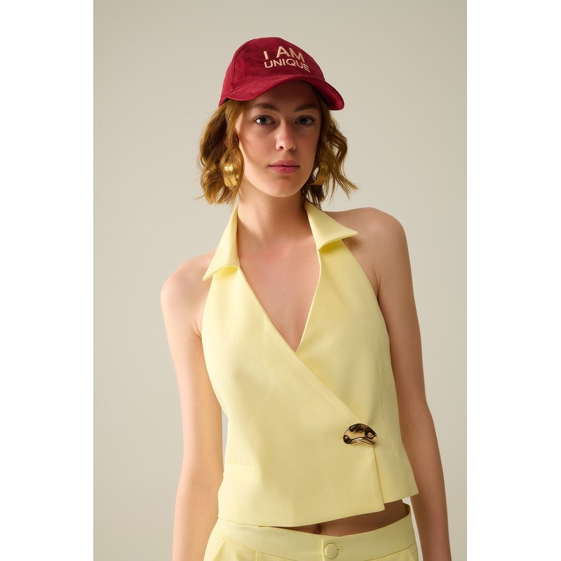 Yellow Wrap Vest With Detailed Gold Button