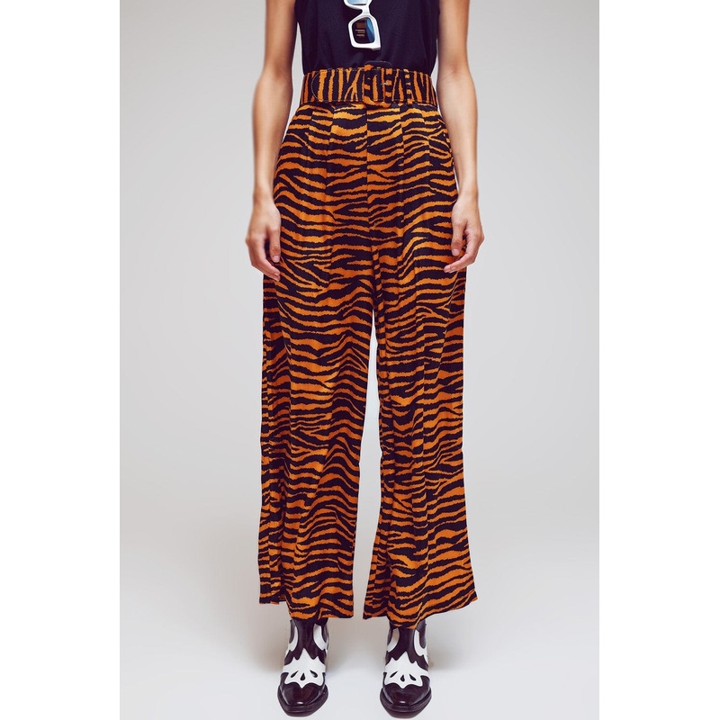 Animal Print Straight Leg Pants With Wide Buckle Belt