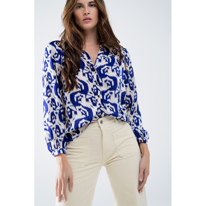 Balloon Sleeve Abstract Print Blouse In Navy And White