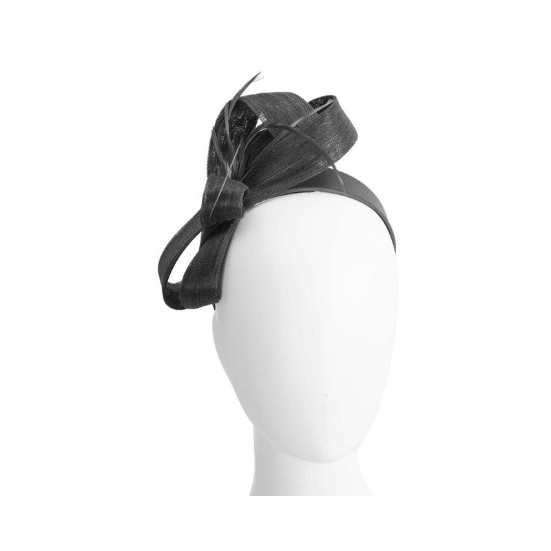 Black abaca loops and feathers racing fascinator by Fillies Collection