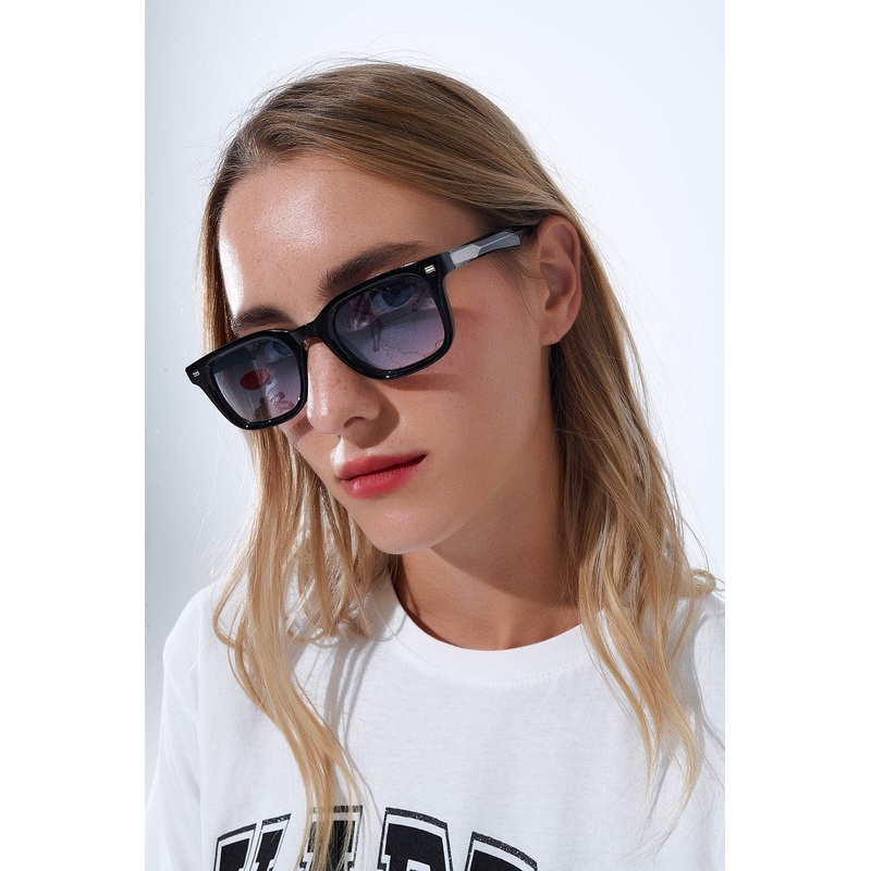 Black Square Sunglasses With Blue Gradient Lenses And Metal Side Detail