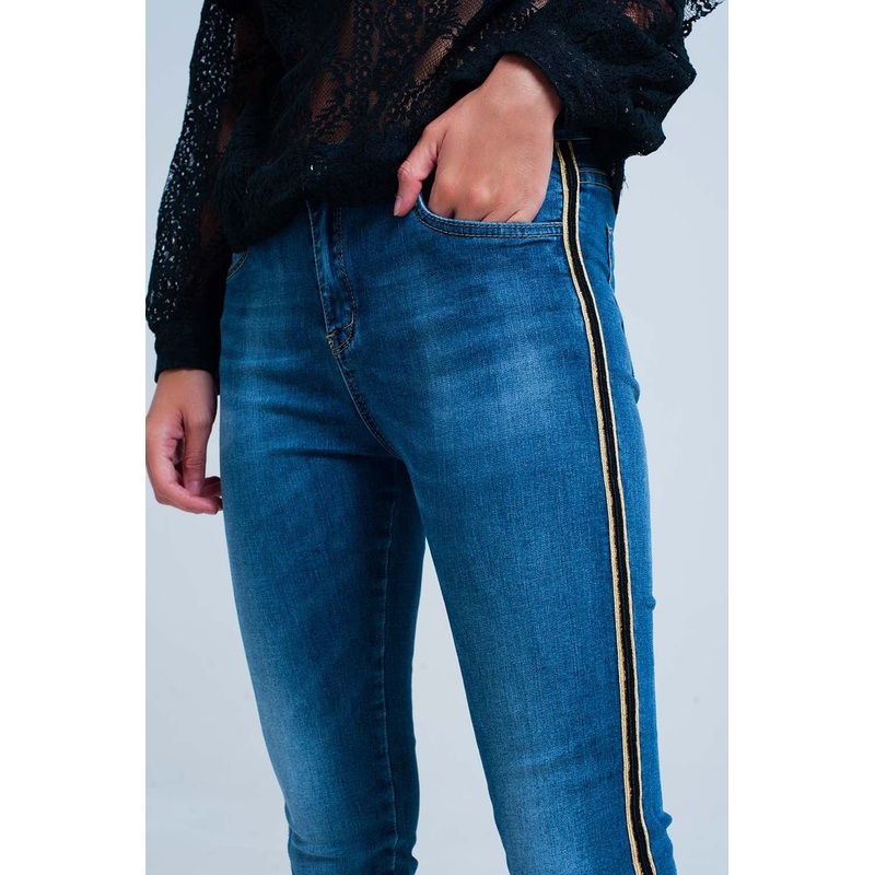 Blue Denim Pants With Gold And Black Sideband