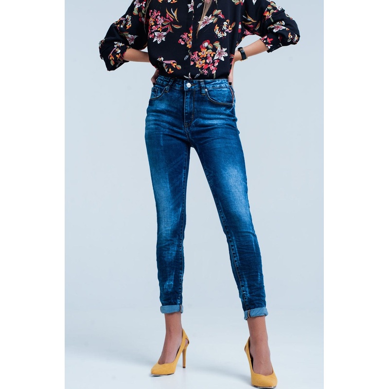 Blue Wrinkled High-Waist Skinny Jeans