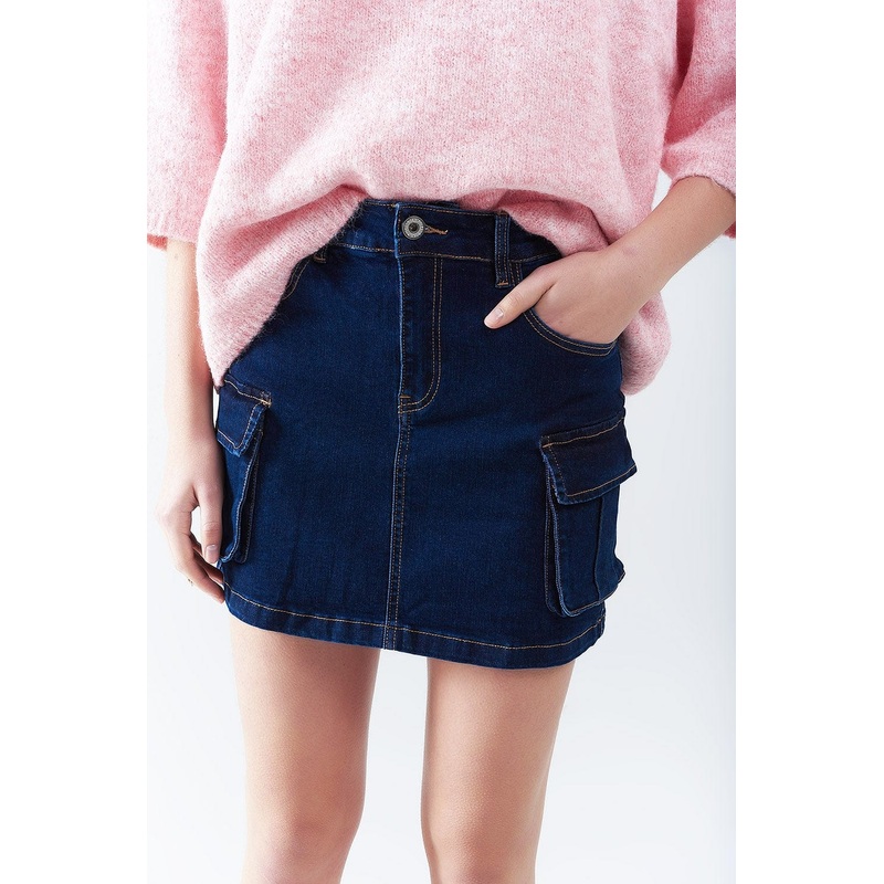 Cargo Denim Skirt In Dark Wash With Contrasting Stitching
