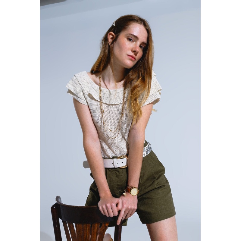 Cream Croched Short Sleeve Sweater With Boat Neck