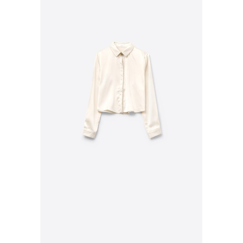 Cream Cropped Textured Satin Shirt