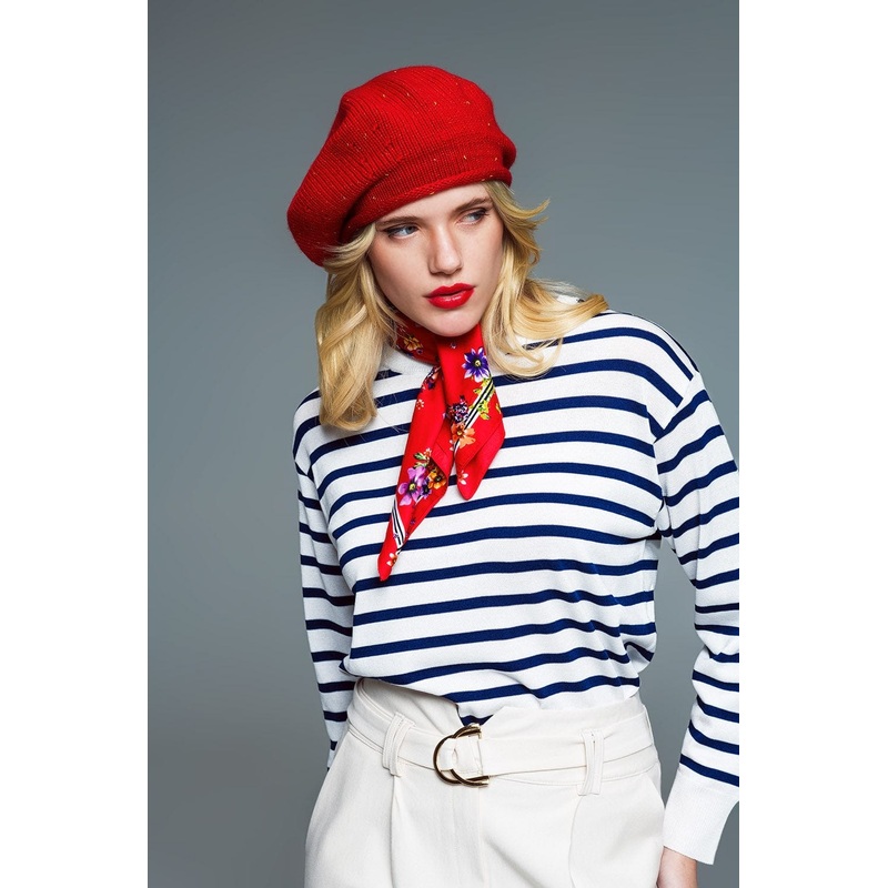 Crew Neck Basic Stripe Sweater In White And Navy