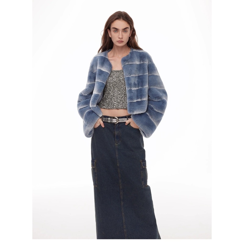 “Dream Chaser” Round Neck Short Horizontal Spray Stripe Contrast Color Loose Imported Rex Rabbit Fur Coat
