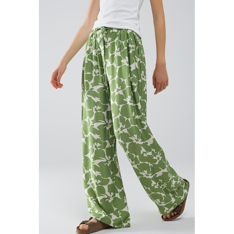 Elasticated Waist Wide Leg Pants With Green Floral Print