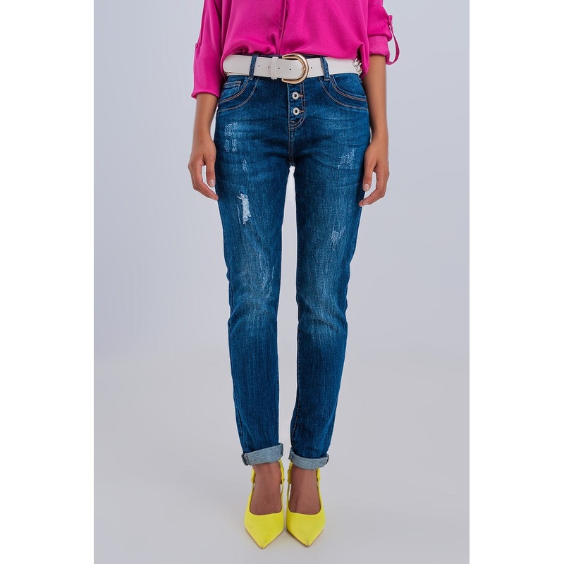 Exposed Button Ripped Boyfriend Jean In Dark Blue