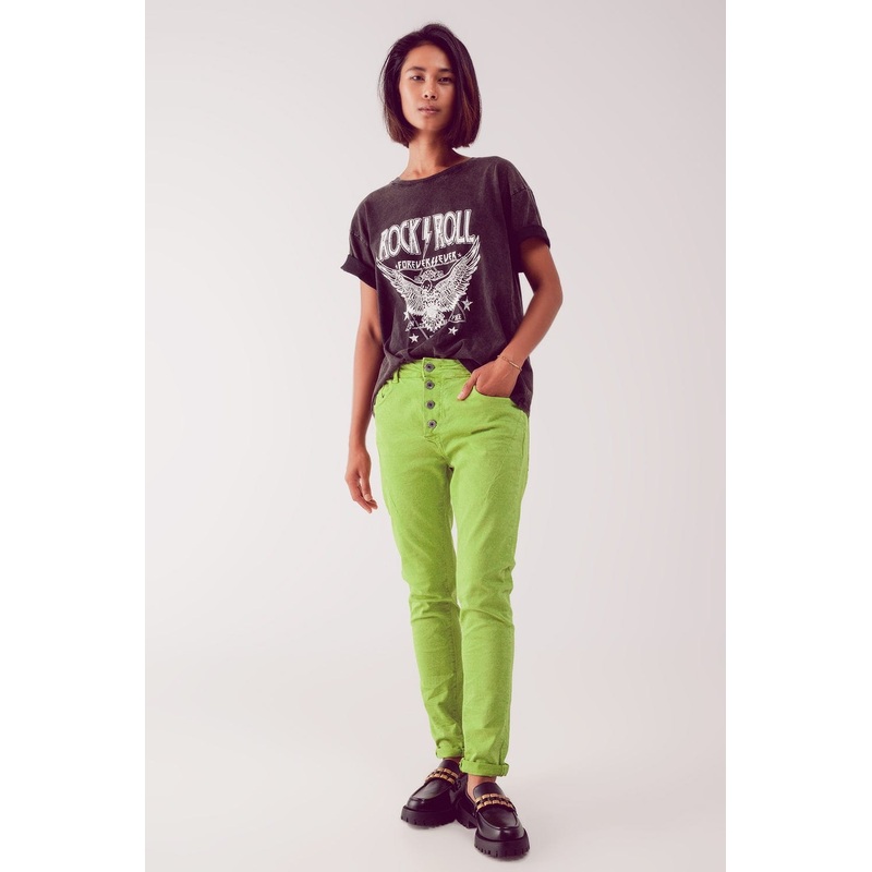 Exposed Buttons Skinny Jeans In Green