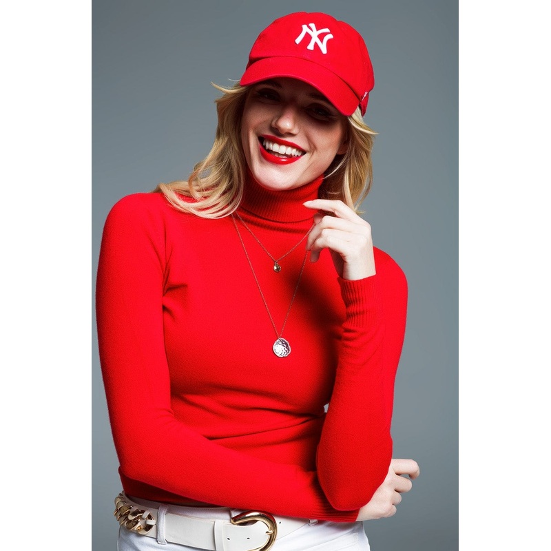 Fine Knit High Neck Jumper In Red