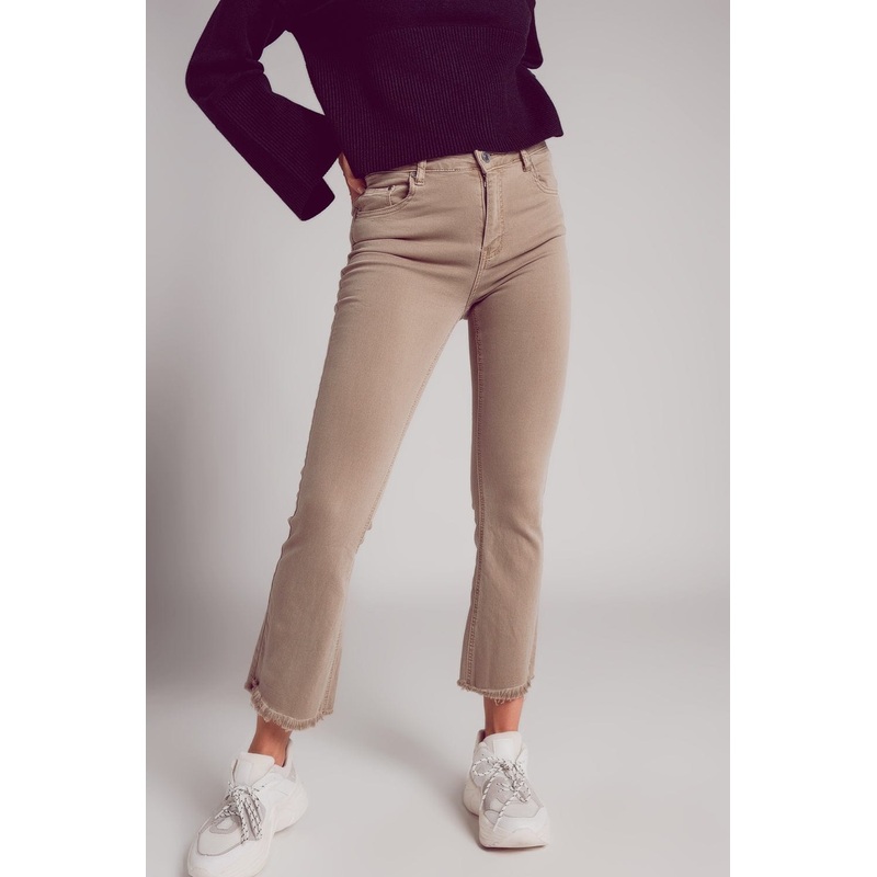 Flare Jeans With Raw Hem Edge In Beige