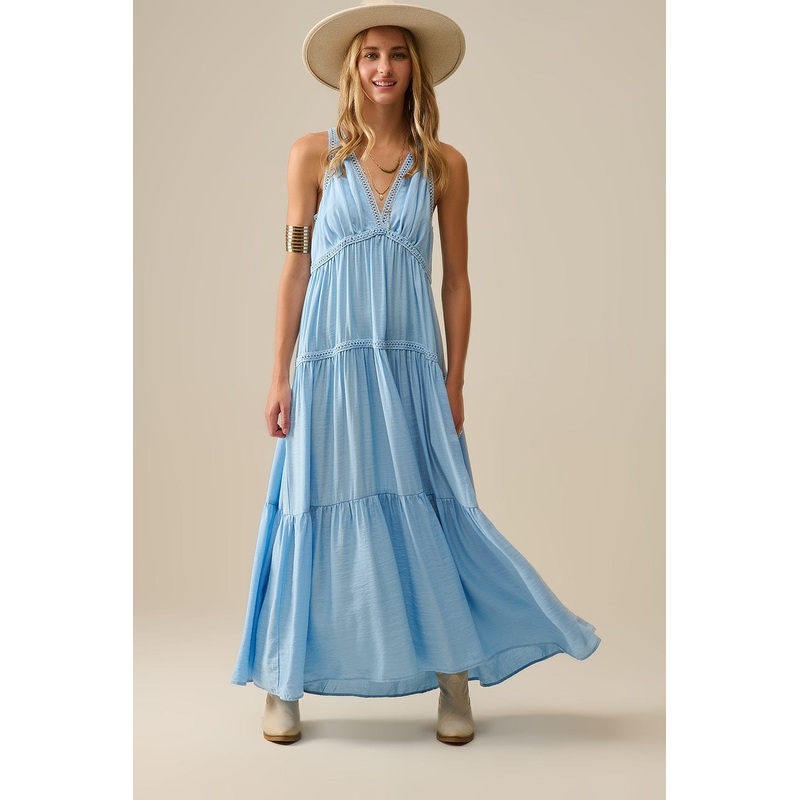 Flowy Maxi Dress With Lace Inserts In Light Blue