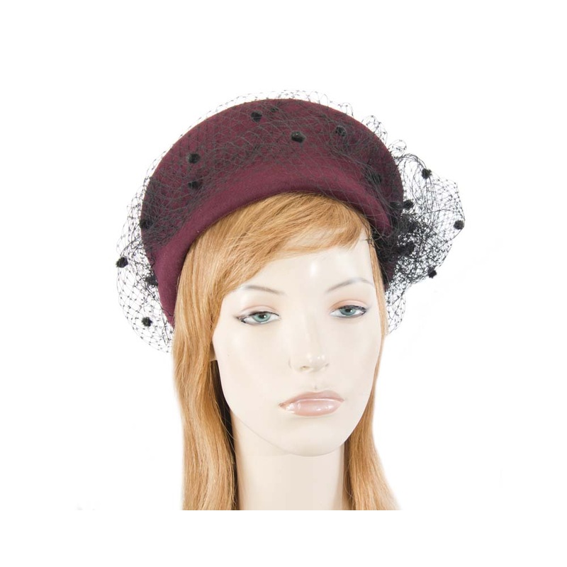 Large wine & black felt beret hat