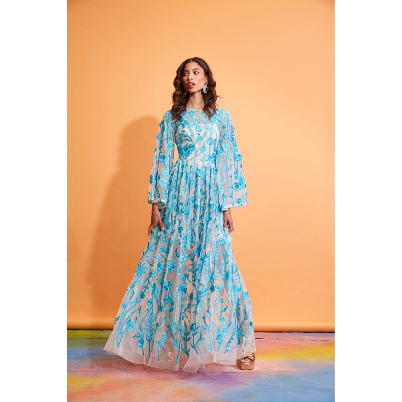 Lavanya Coodly Gladys Turquoise Hand-Embroidered Floral Gown with Fitted Bodice, High Neckline, & Full Sleeves