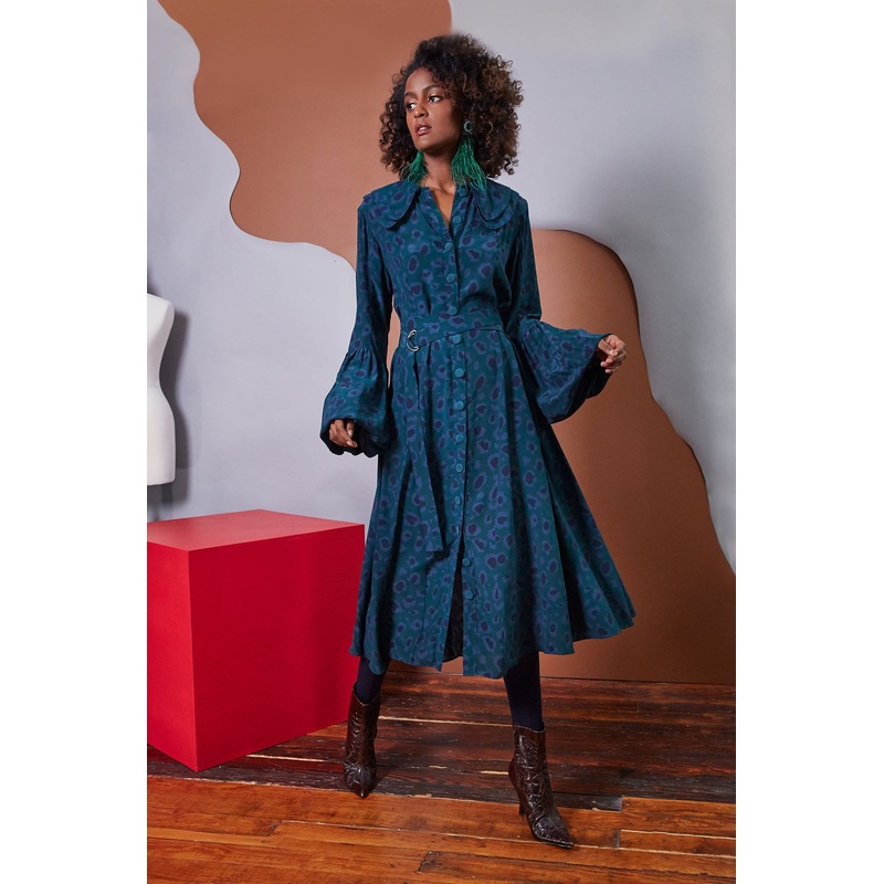 Lavanya Coodly Women’s Catherine Forest Green Silk Leopard Print Bell Sleeve Midi Dress