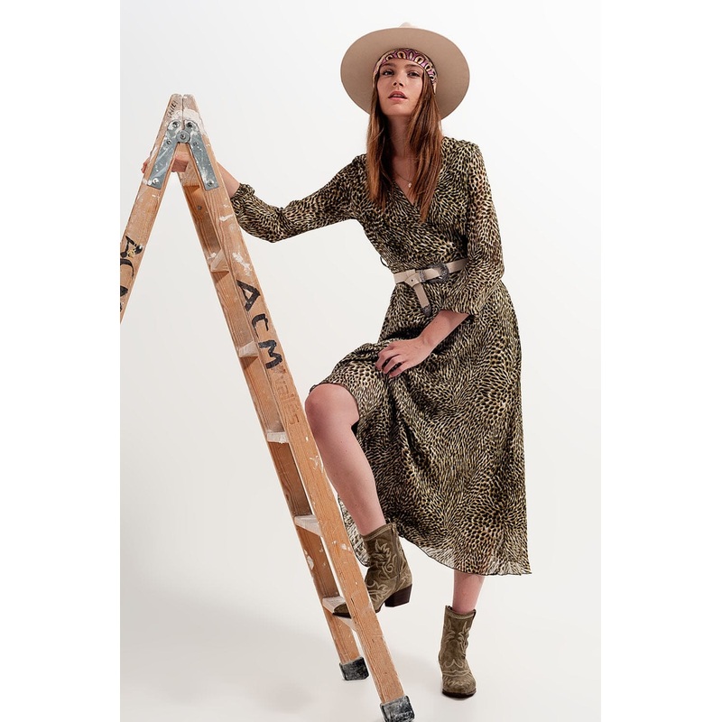 Long Sleeve Wrap Front Chiffon Dress With Belt In Shiny Print