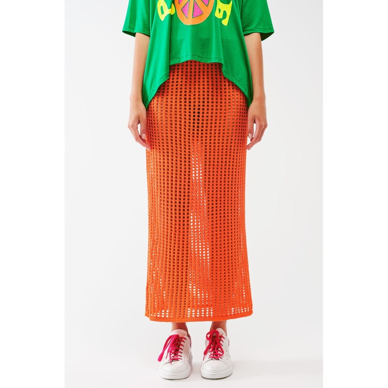 Maxi Sheer Crochet Skirt In Orange