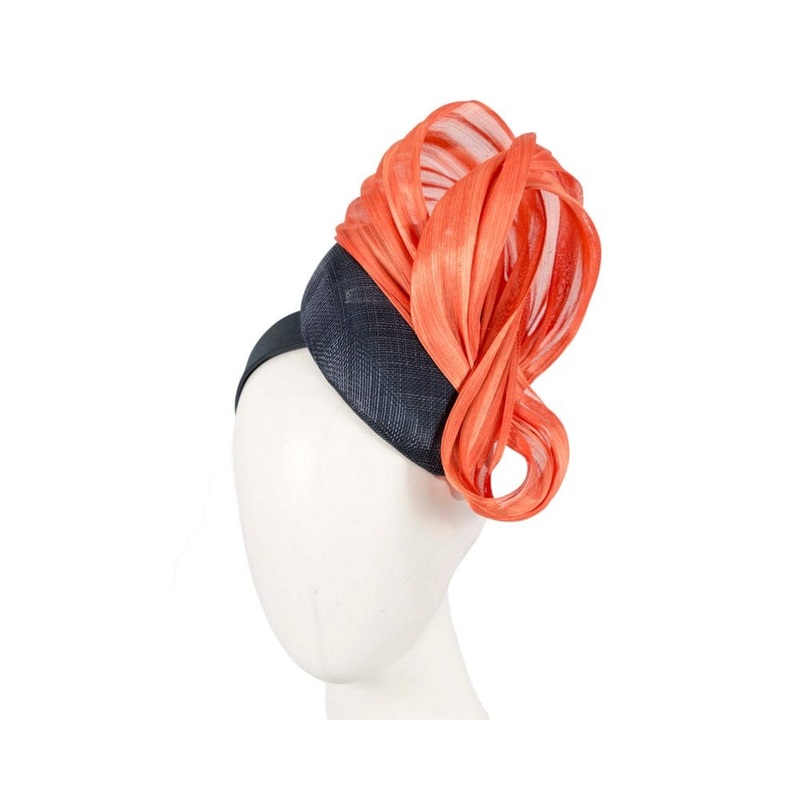 Navy pillbox fascinator with orange silk abaca bow by Fillies Collection