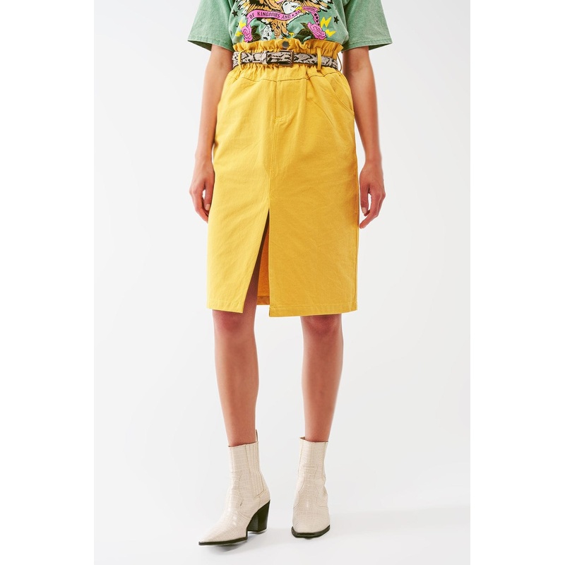 Paper Bag Waist Straight Skirt With Front Slit In Yellow