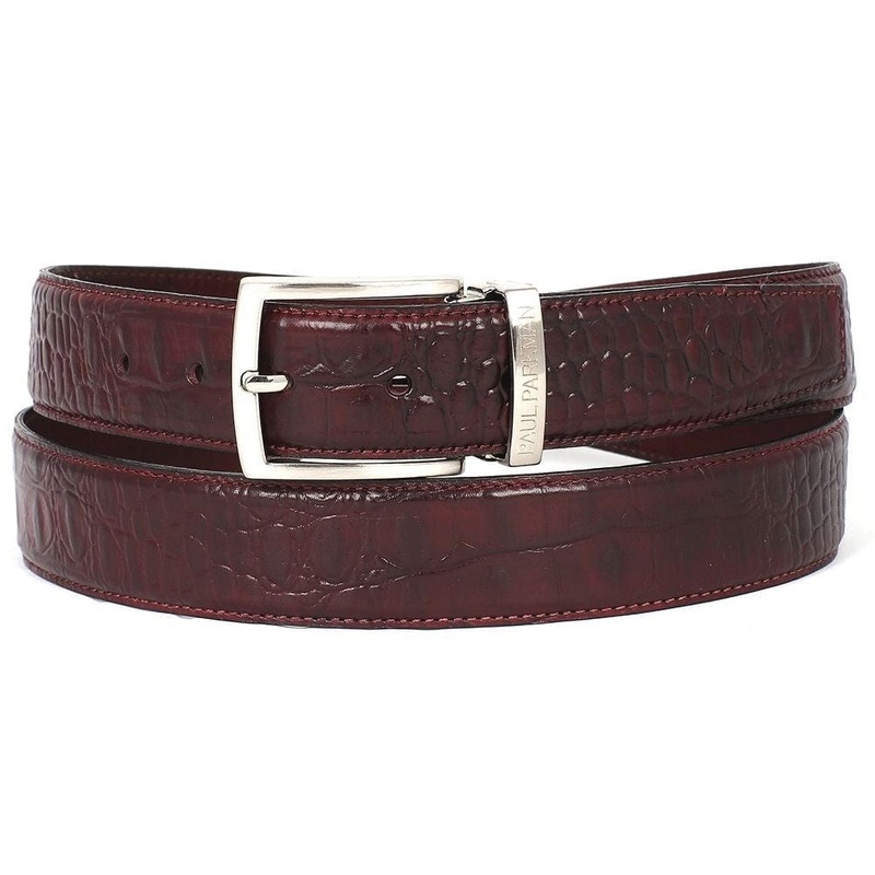 PAUL PARKMAN Men’s Croc Embossed Calfskin Belt Dark Bordeaux (ID#B02-DBRD)