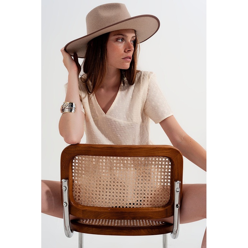 Peplum Broderie Top In Beige