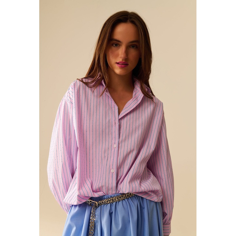 Pink Striped Poplin Shirt Embellished With Strass
