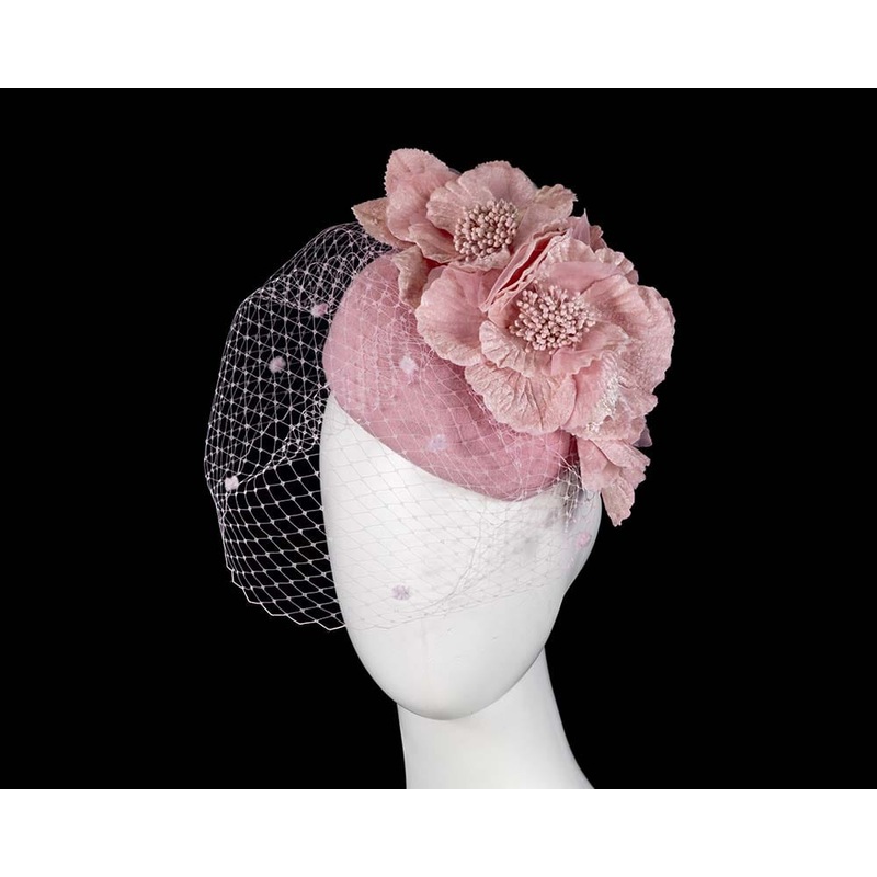 Pink winter racing felt pillbox with flower and veiling by Fillies Collection