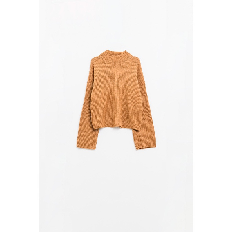 Relaxed Camel Ribbed High Neck Sweater