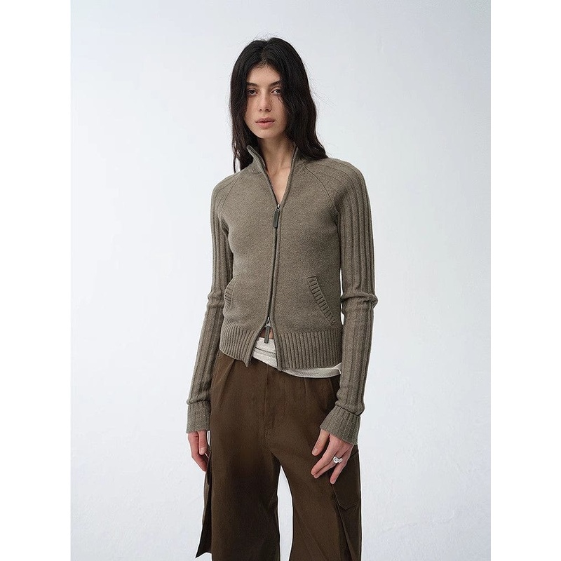 “Senna Melody” Oblique Placket Fine Merino Wool and Cotton Blend Zipper Knitted Cardigan Top for Women