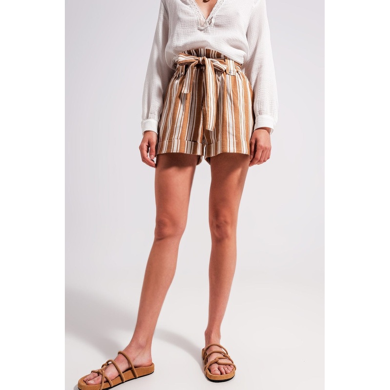 Shorts With Paperbag Waist In Beige