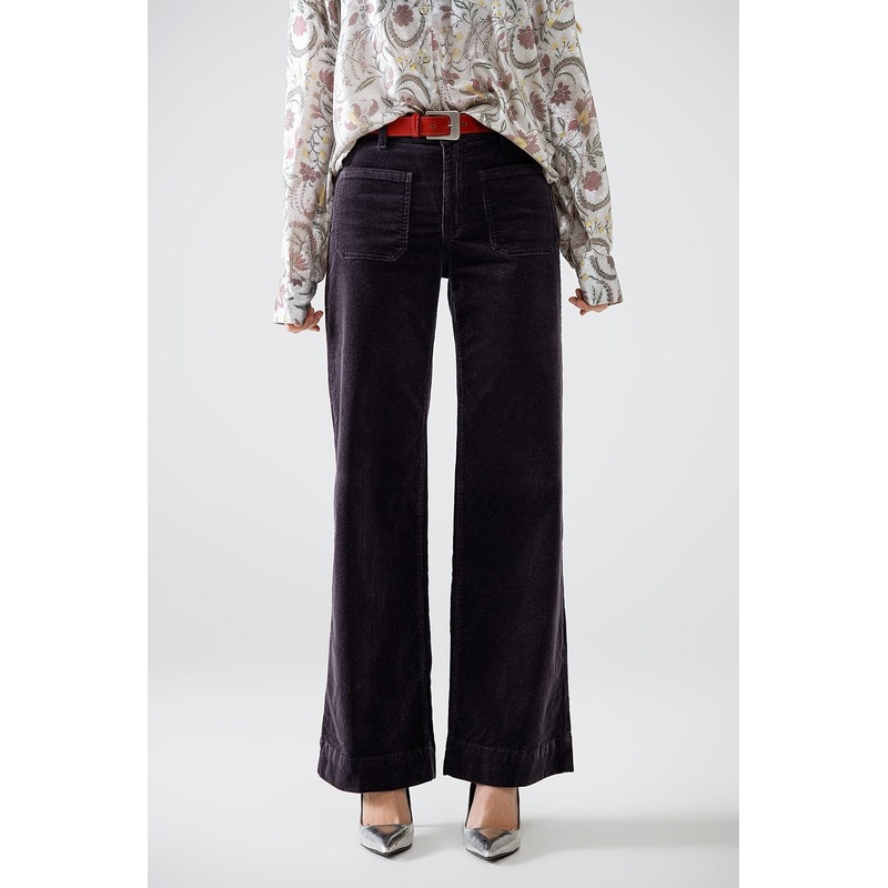 Straight Leg Corduroy Jeans In Black With Pockets