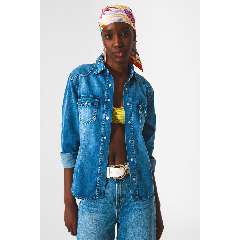Stretch Denim Shirt In Mid Blue