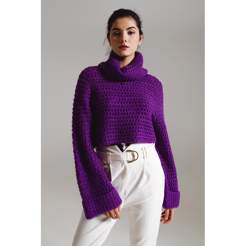 Waffle Knit Jumper With Turtle Neck And Rolled Cuffs In Purple