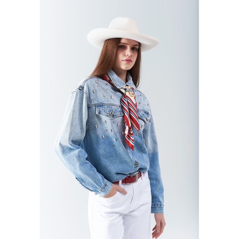 Wash Denim Overshirt With Chest Pockets And Embroidered Strass Details