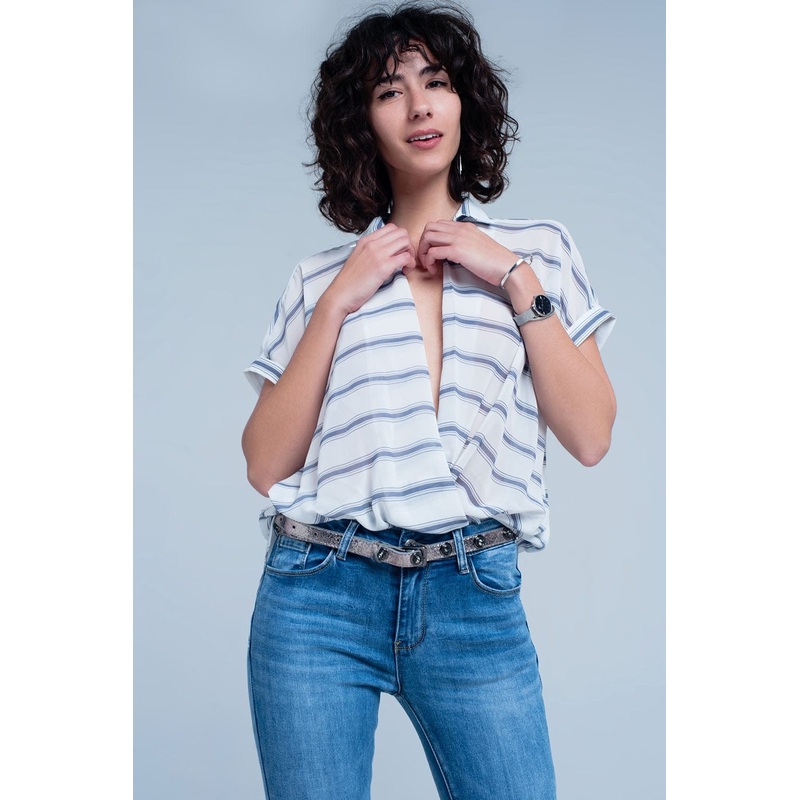 White Short Sleeve Drape Wrap Blouse With Blue Striped Design