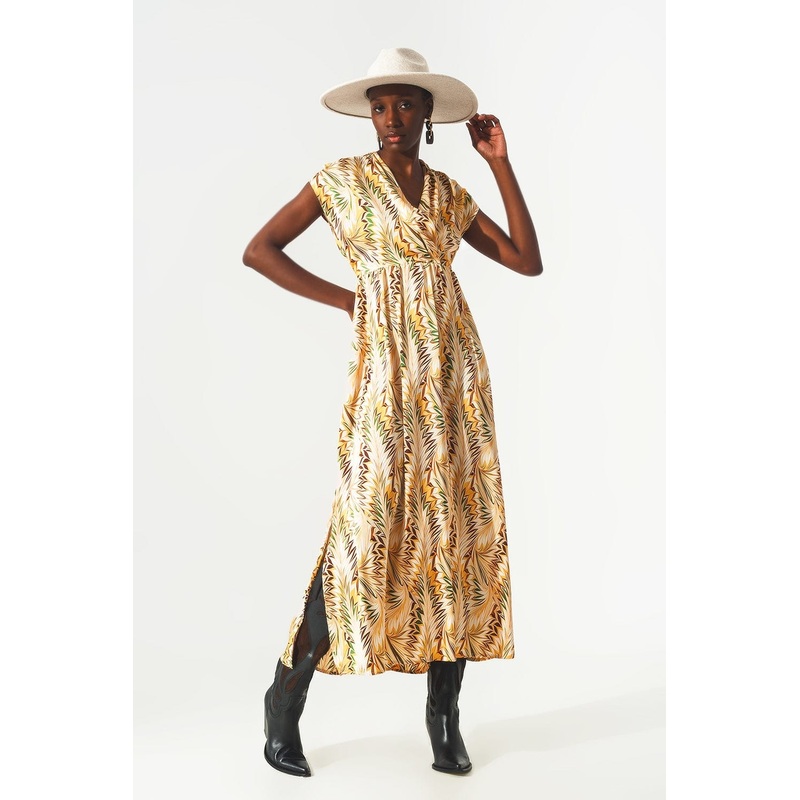 Wrap Dress With Short Sleeves In Retro Abstract Print