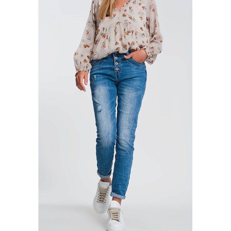 Wrinkled Boyfriend Jeans In Light Denim With Ripped Details