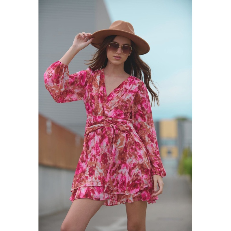 Abstract Print Mini V Neck Dress With Rouche At Waist